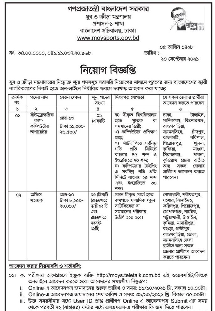 Ministry Of Youth And Sports Job Circular